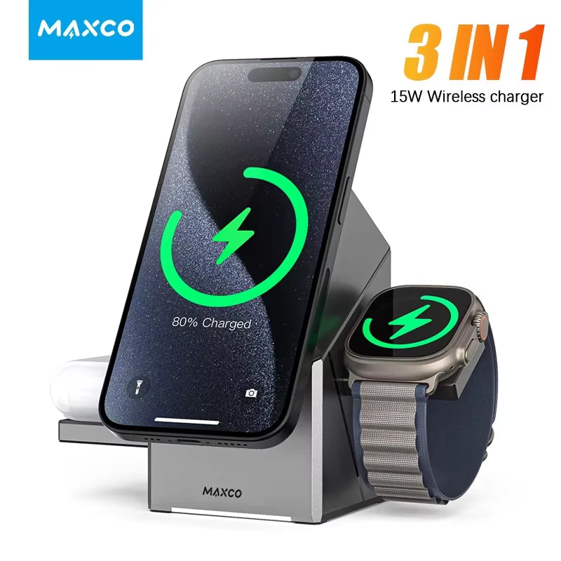 Experience Ultimate Convenience with the Qi2 3-in-1 Wireless Charger Featuring Auto-Rotating Magic Cube Dock for iPhone 16/15/14 Pro Max, AirPods, and iWatch - Fast Charging Made Easy!