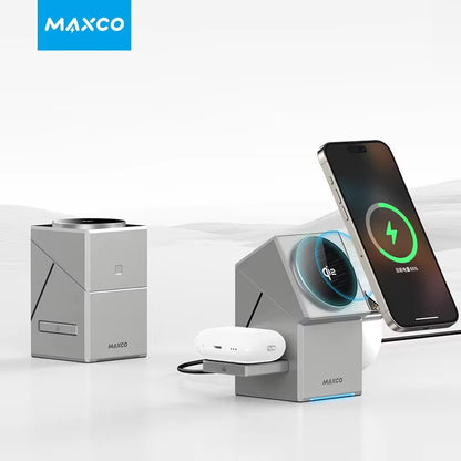 Experience Ultimate Convenience with the Qi2 3-in-1 Wireless Charger Featuring Auto-Rotating Magic Cube Dock for iPhone 16/15/14 Pro Max, AirPods, and iWatch - Fast Charging Made Easy!