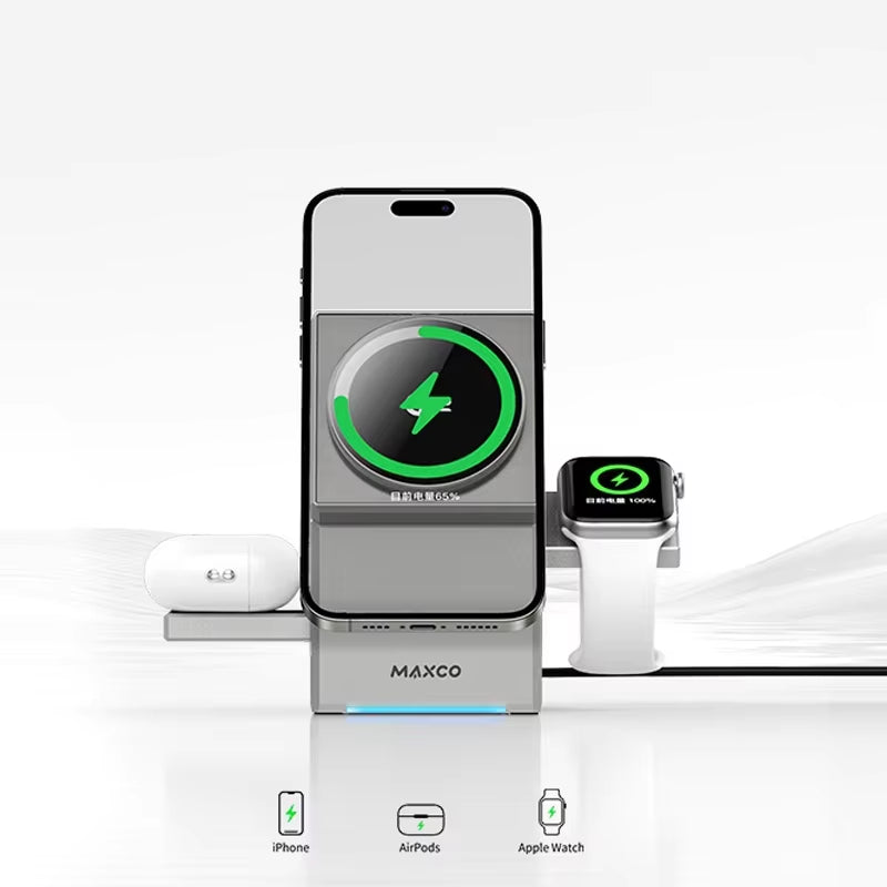 Experience Ultimate Convenience with the Qi2 3-in-1 Wireless Charger Featuring Auto-Rotating Magic Cube Dock for iPhone 16/15/14 Pro Max, AirPods, and iWatch - Fast Charging Made Easy!